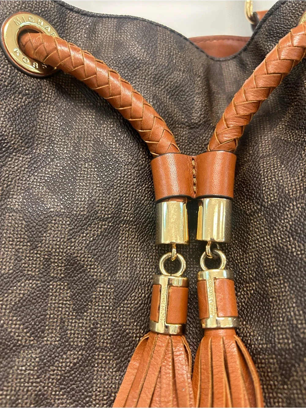 Michael Kors Jet Set large leather Brown Logo Tassel Drawstring Tote